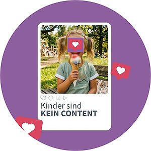 Symbolbild: Verpixeltes Kindergesicht; Schriftzug: Kinder sind kein Content